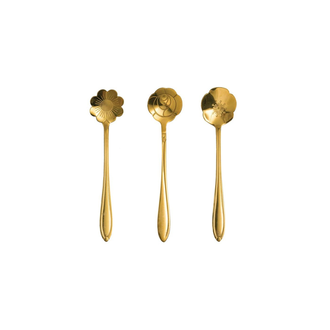 Set of 3 Gold finished stainless steel flower shaped spoons. 