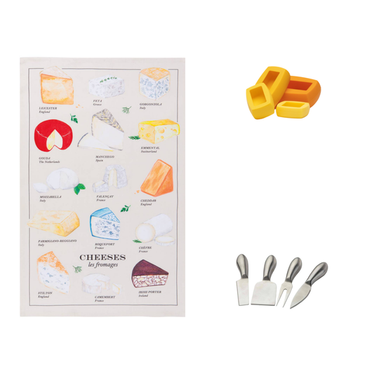Cheese chart with illustrations and cheese tools on a white background