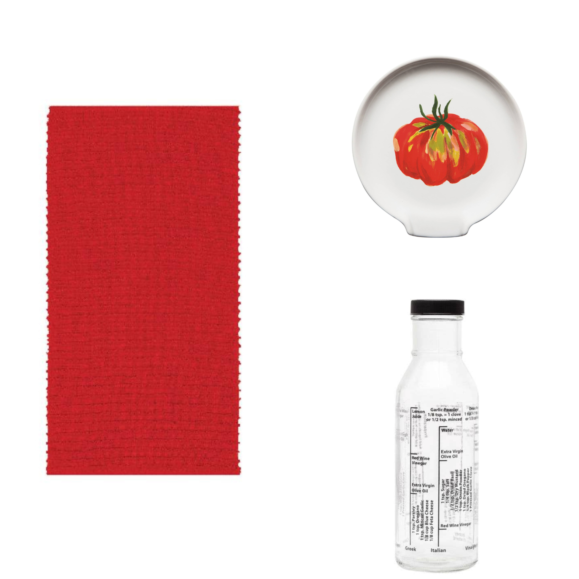 Red fabric swatch, glass bottle with tomato design, and clear bottle on a white background