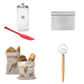 Collection of kitchen items including a salt shaker, spatula, ruler, bread bag, and dough scraper on a white background.
