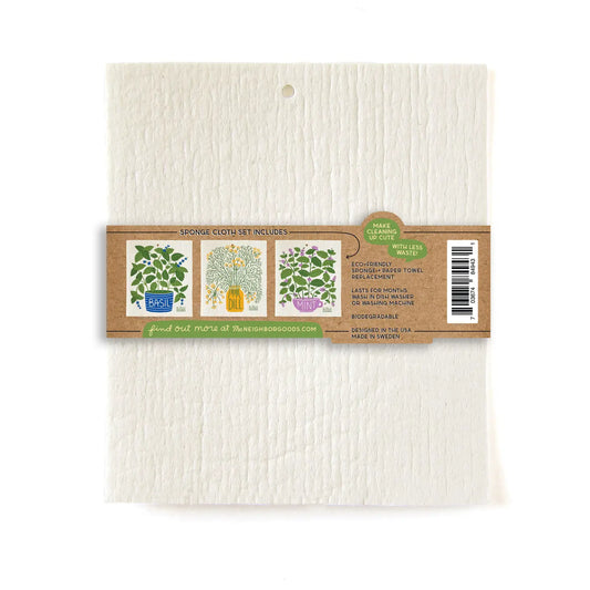 This set includes 3 sponge cloths: Basil, Dill, and Mint. These Swedish sponge cloths are an eco-friendly replacement for kitchen sponges and paper towels. They last for months and are biodegradable or Compostable, making cleaning up cute with less waste. 