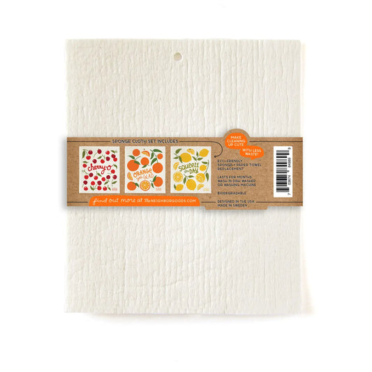 This set includes 3 sponge cloths: Cheery, Orange, and Lemon. These Swedish sponge cloths are an eco-friendly replacement for kitchen sponges and paper towels. They last for months and are biodegradable or Compostable, making cleaning up cute with less waste. 