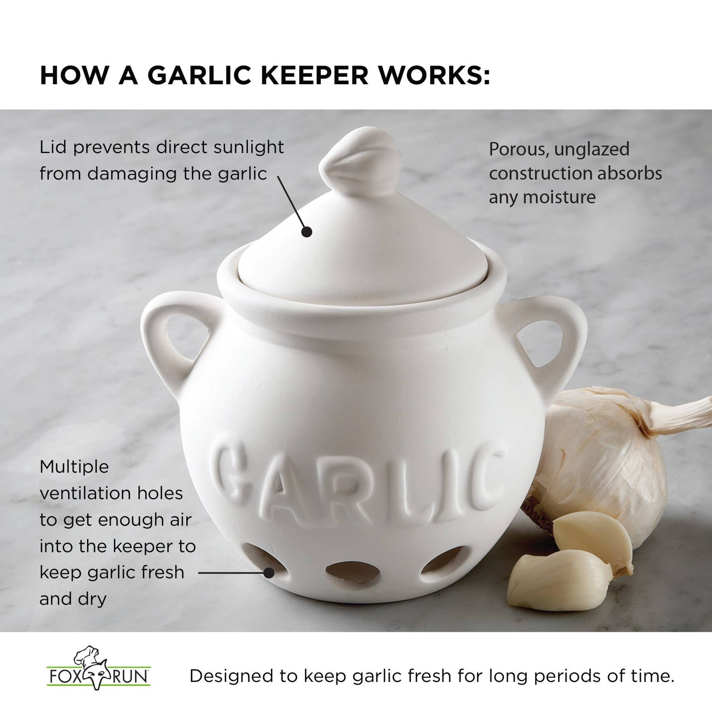 Keep your garlic fresh, organized, and protected with this elegant terra cotta garlic keeper. Made from porous, unglazed stoneware with vent holes, it promotes proper airflow to keep garlic cool, dry, and long-lasting.