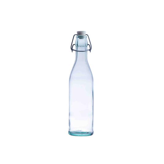 Clear glass bottle with a metal clip on a white background