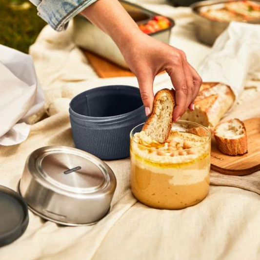 Glass lunch pot, small, slate being used for dip