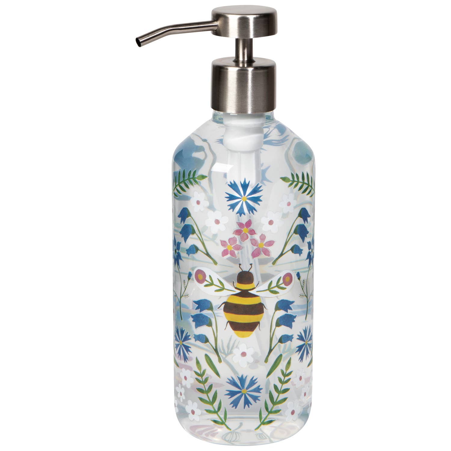 Glass dispenser with floral and bee design on a white background