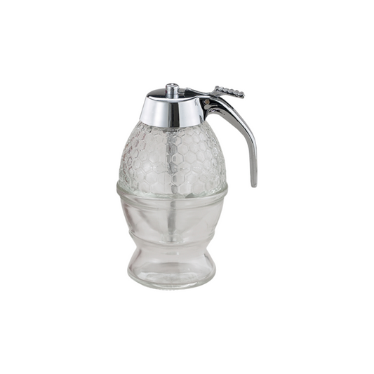 Mrs. Anderson's Glass Syrup Dispenser is mess-free and easy to use, with a playful honeycomb design and clever center spout. Ideal for all meals, it has an 8-ounce capacity and is made of glass, silicone, and plastic. Simply hand wash with warm, soapy water.