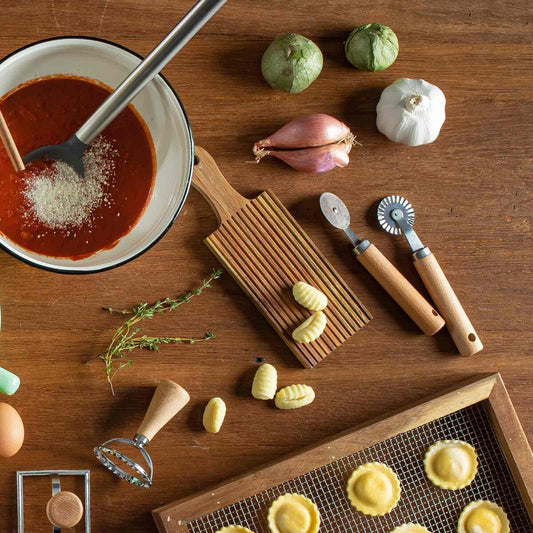 Acacia Wood Gnocchi Board. Designed for making perfectly ridged gnocchi, simply roll your dough over the furrowed paddle to create traditional, textured pasta.