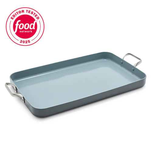 Gray ceramic non-stick double burner with handles on a white background, featuring the Food Network Editor Tested 2025 logo.