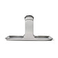 Front profile view of a metal griddle press. 