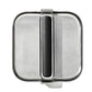 Top view of metal griddle press with black handle. 