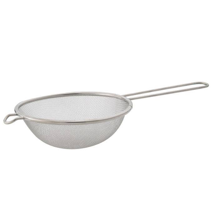 Metal mesh strainer with handle on a white background