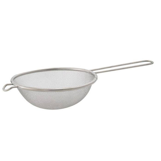 Metal mesh strainer with handle on a white background