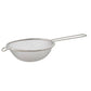 Metal mesh strainer with handle on a white background