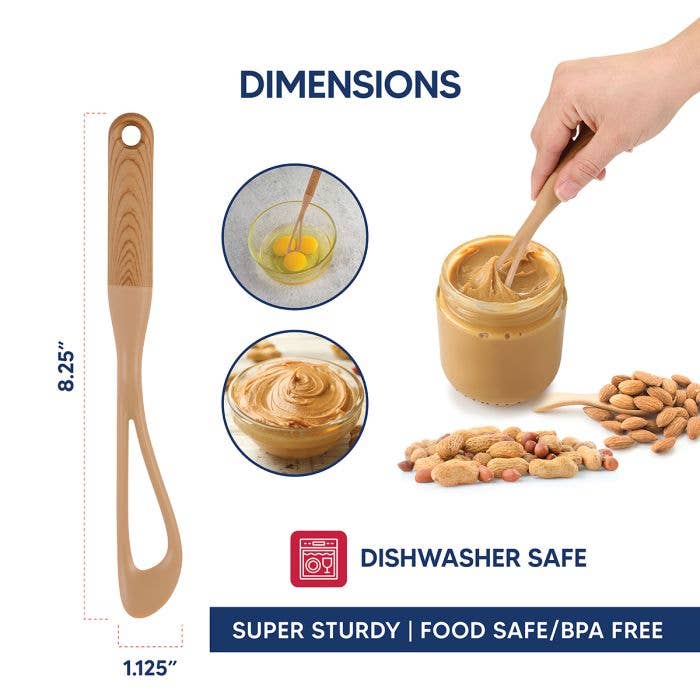 Wooden spoon with measurements and uses, including peanut butter and almonds, on a white background.