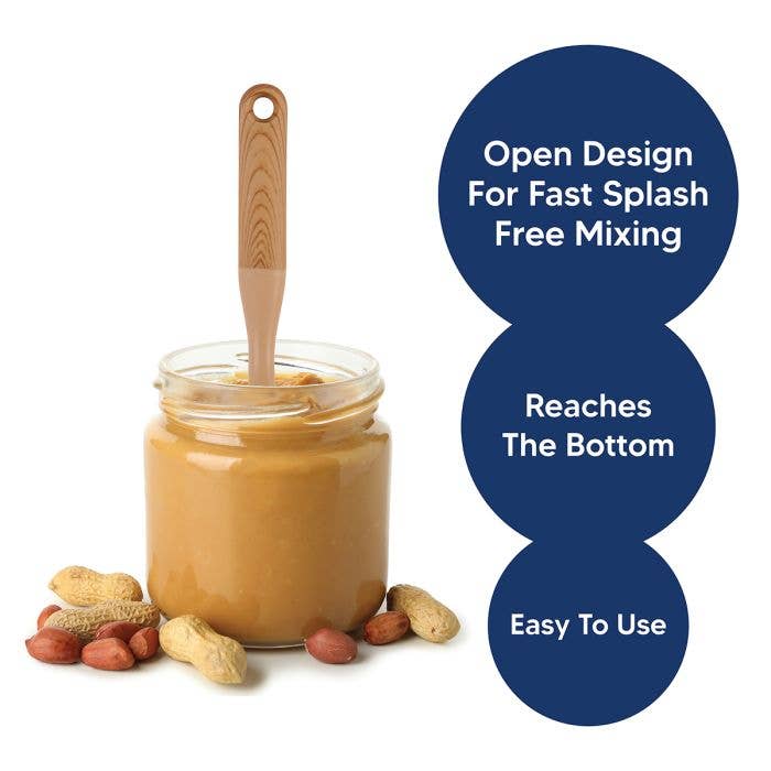 Jar of peanut butter with a wooden stirrer, surrounded by peanuts, on a white background with text about the jar's features.
