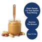 Jar of peanut butter with a wooden stirrer, surrounded by peanuts, on a white background with text about the jar's features.