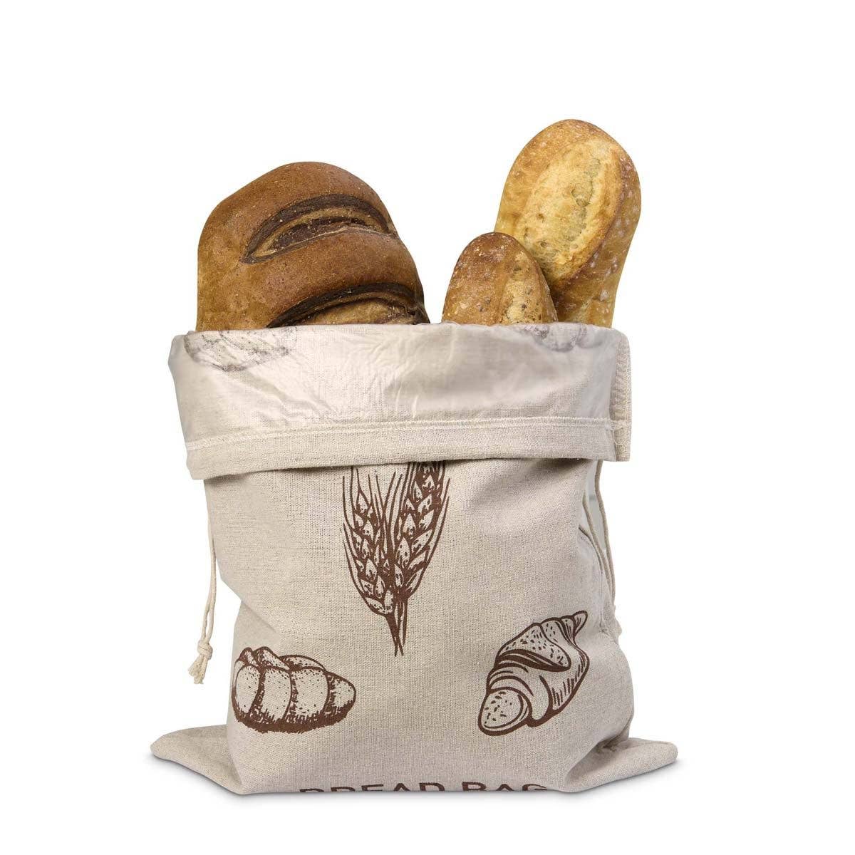 Beige bread bag with bread illustrations holding bread loaves on a white background