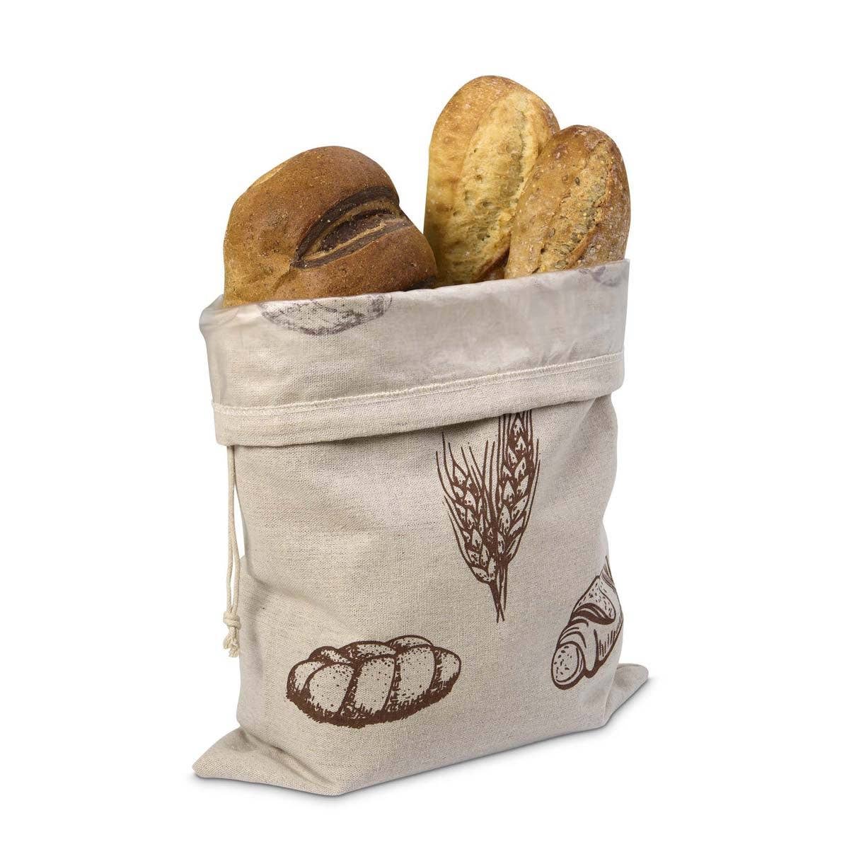 Fabric bread bag with bread rolls and wheat designs on a white background