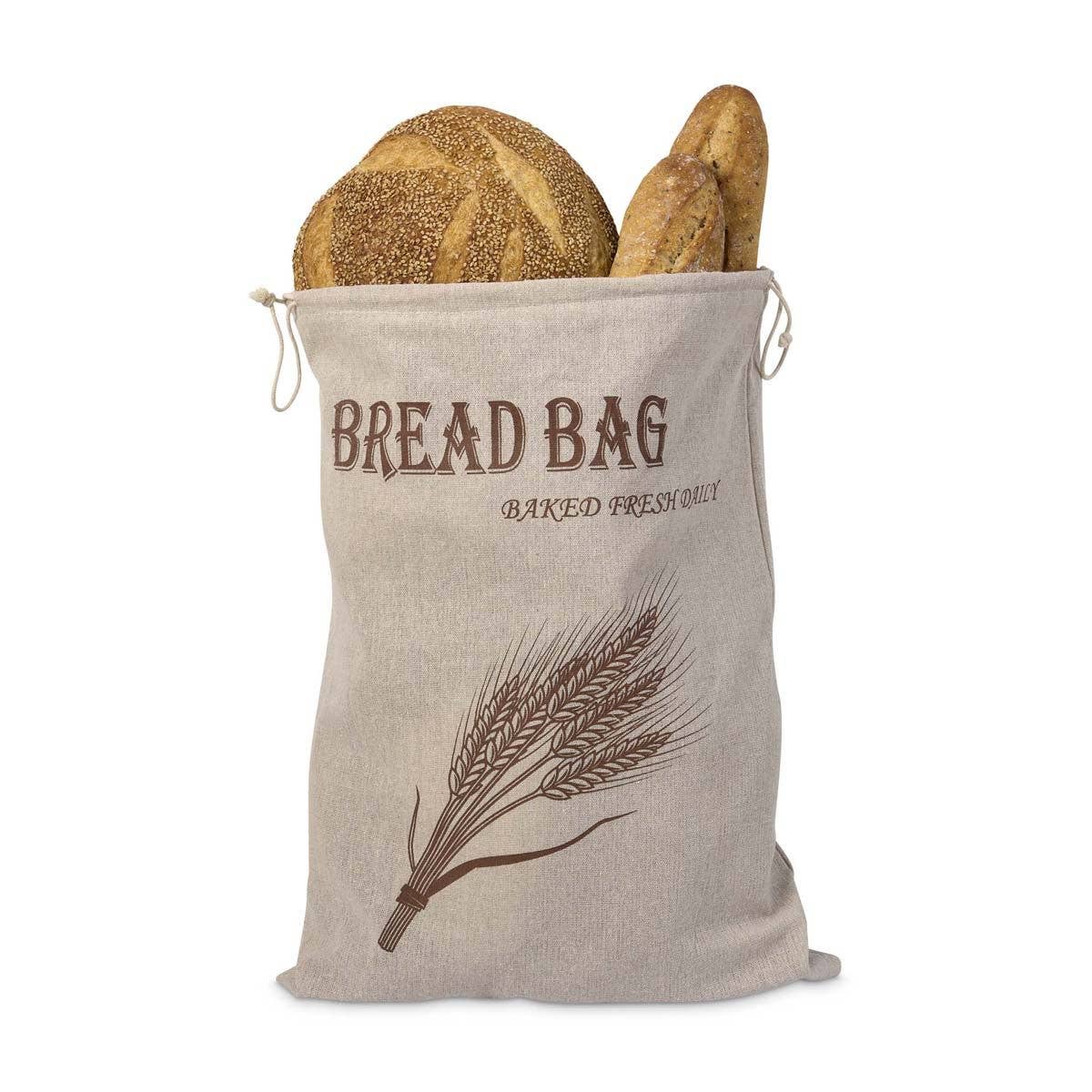 Textile bread bag with bread and wheat design on a white background