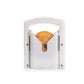White pet door with a flap open, revealing a dog inside on a white background