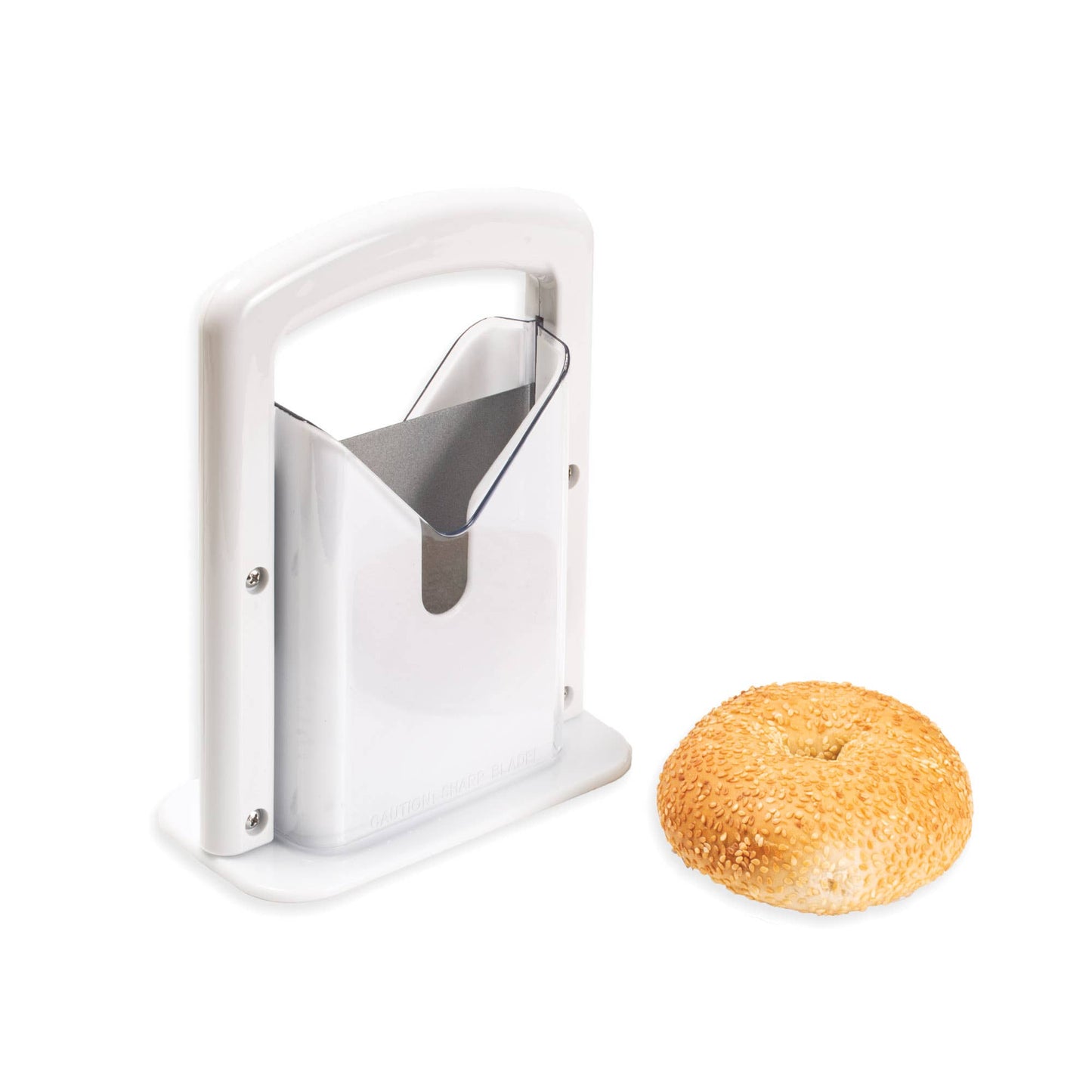 Bread slicer with a round loaf of bread on a white background