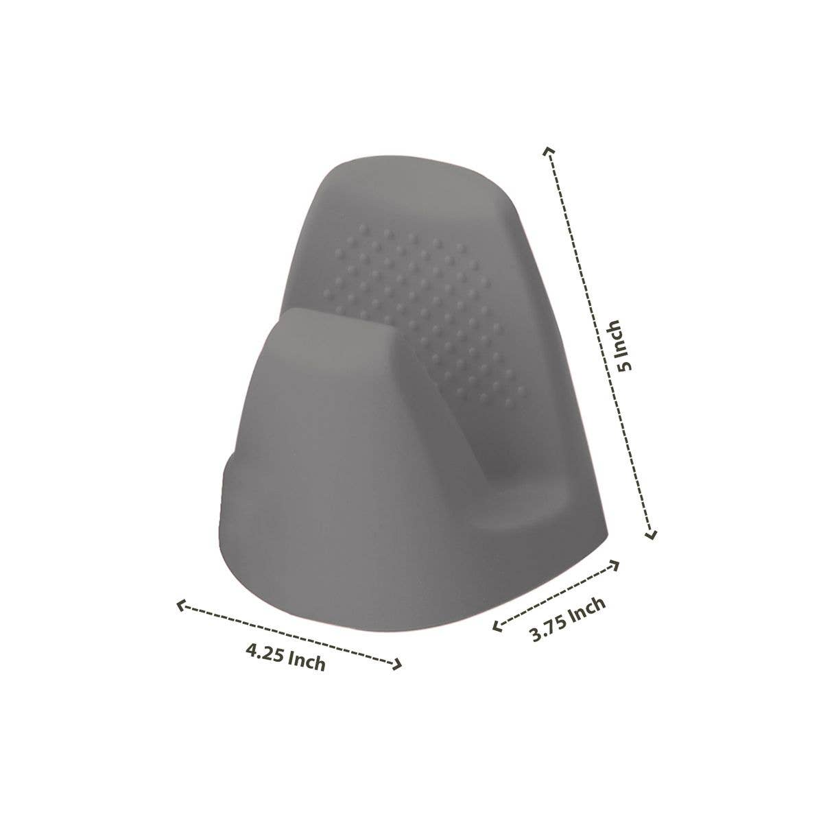 Gray rubber pot grabber with measurements on a white background