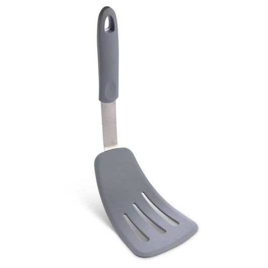 Gray slotted spatula on a white background