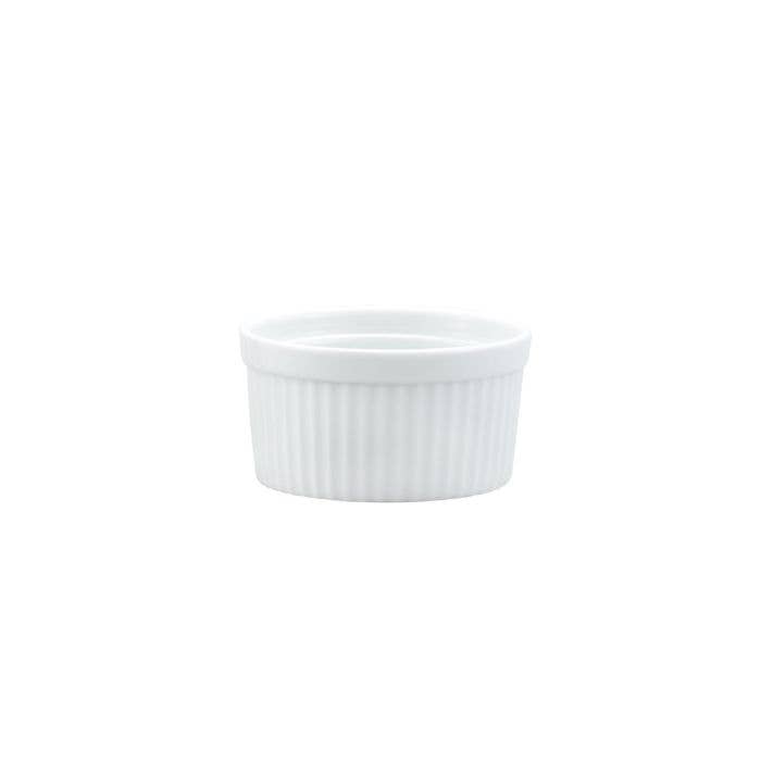 White ceramic ramekin on a white background