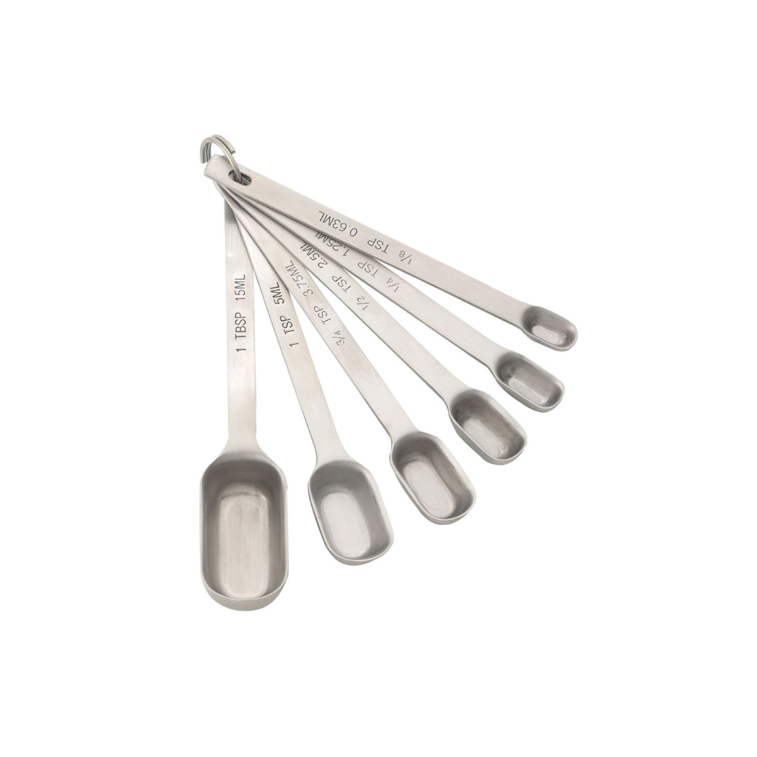 Spice Measuring Spoons offer precise measurements for both dry and liquid ingredients. Made from durable stainless steel, these spoons have a narrow design and long handles for easy access and accurate measuring. With clear measurements and six sizes, they nest together for compact storage and are dishwasher safe. Perfect for any kitchen, these spoons add convenience and accuracy to every recipe. Capacity - 1/8, 1/4, 1/2, 3/4, 1 tsp., 1 Tbsp Material - Stainless Steel Care - Dishwasher Safe.
