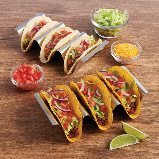 2 Stainless Steel Taco Holder Stands - durable, convenient, and easy to use. Measures 8.27 x 3.94 x 1.97 inches each, holds up to 3 tacos, and can be used for baking or grilling. Dishwasher-safe for effortless cleanup. Perfect for hassle-free taco nights.