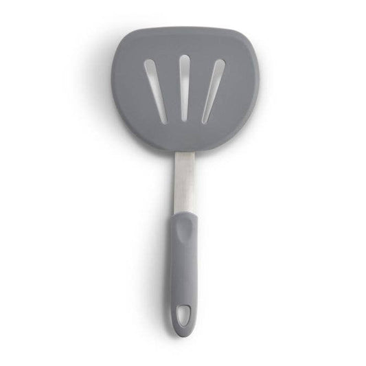Gray slotted spatula with a white background