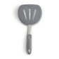 Gray slotted spatula with a white background
