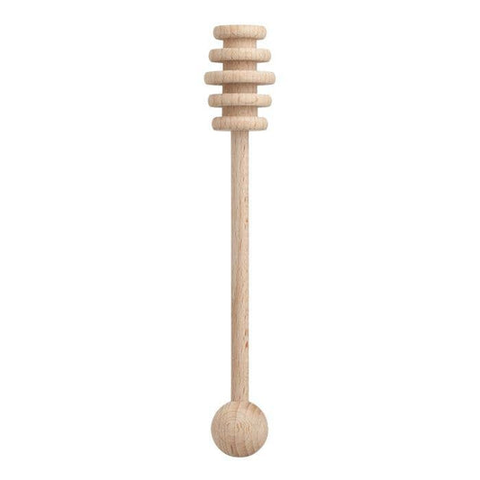 Wooden honey dipper with multiple levels on a white background