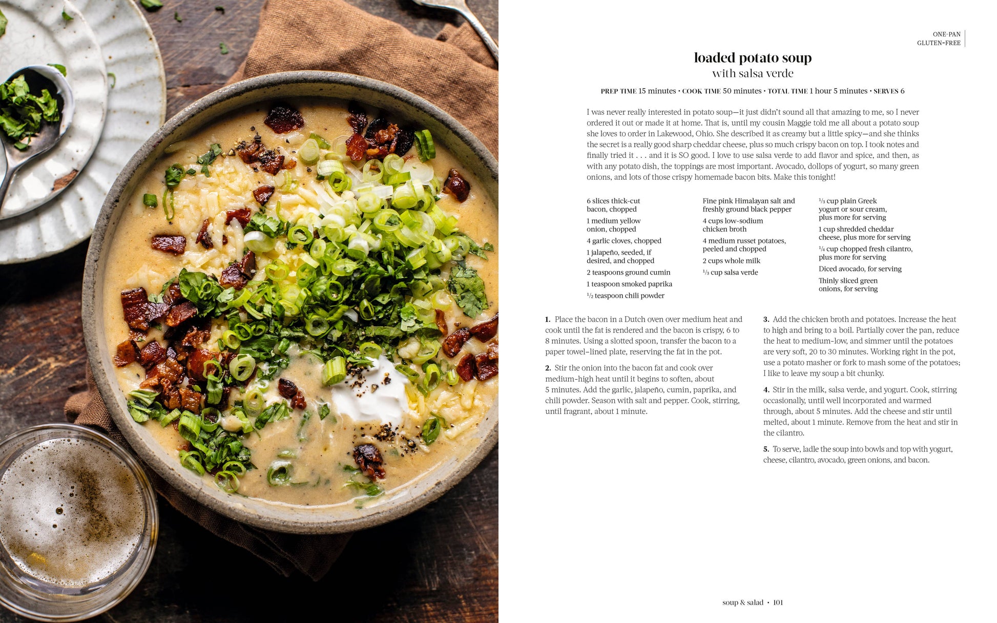 Cookbook pages with recipe for loaded potato soup with salsa verde recipe and picture.