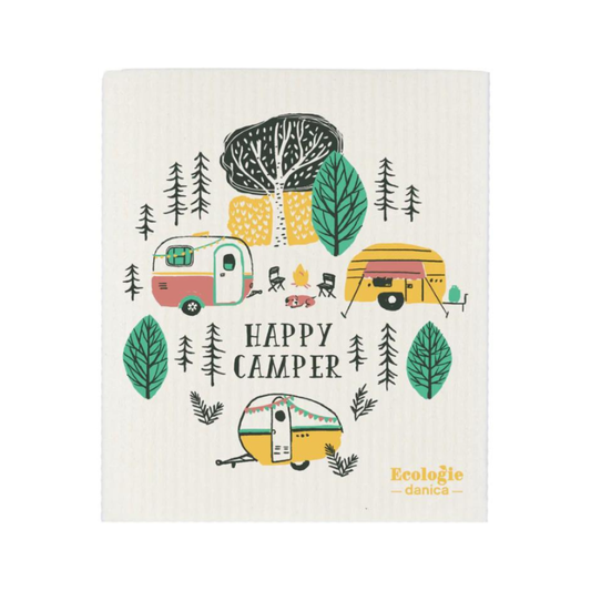 Fabric with 'Happy Camper' design featuring campers and trees, branded as Ecologie by Danica.