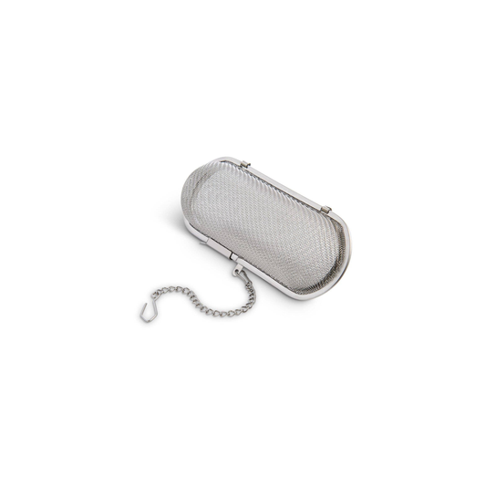 Silver mesh pouch with chain on a white background