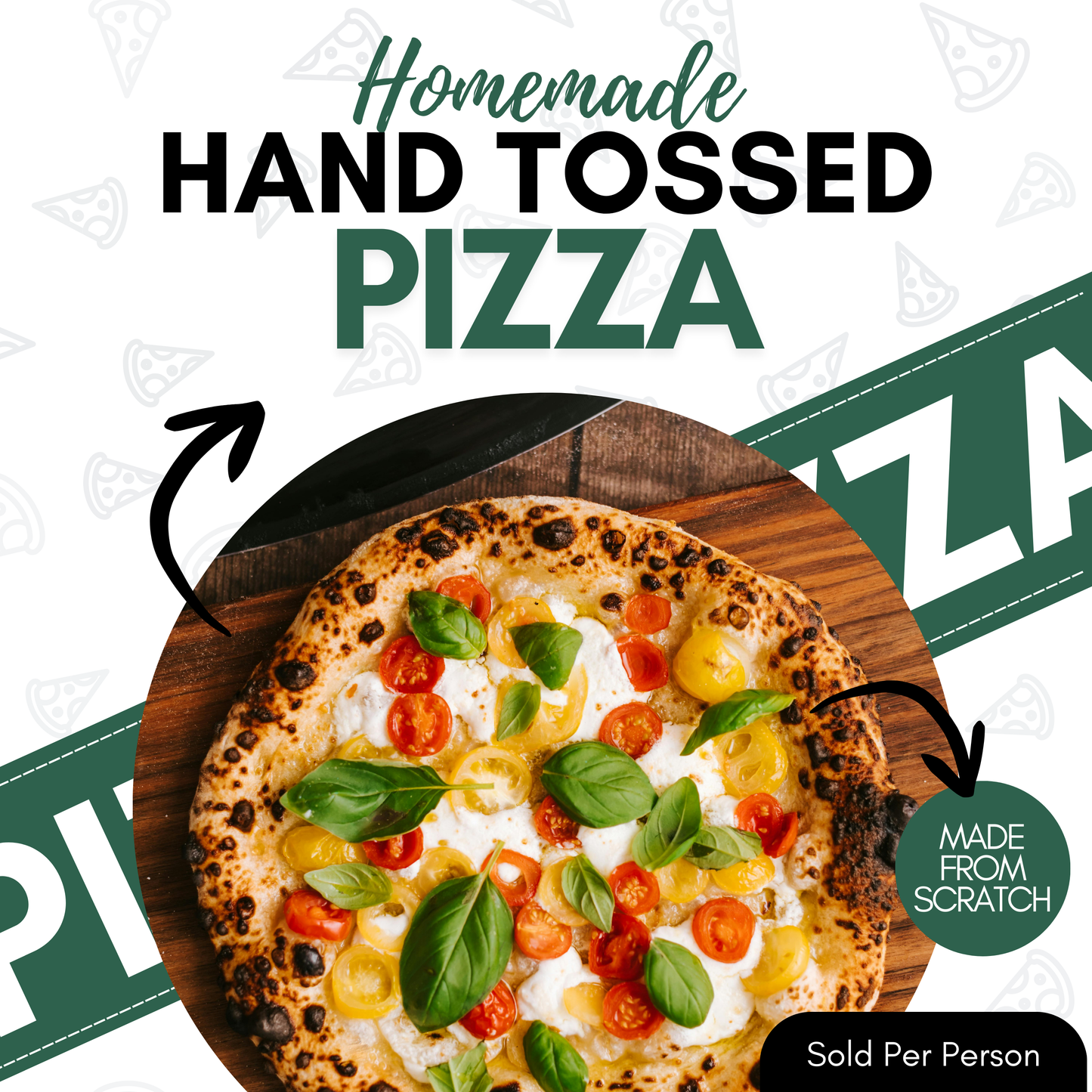 Hand tossed pizza with various toppings on a wooden board, surrounded by promotional text.
