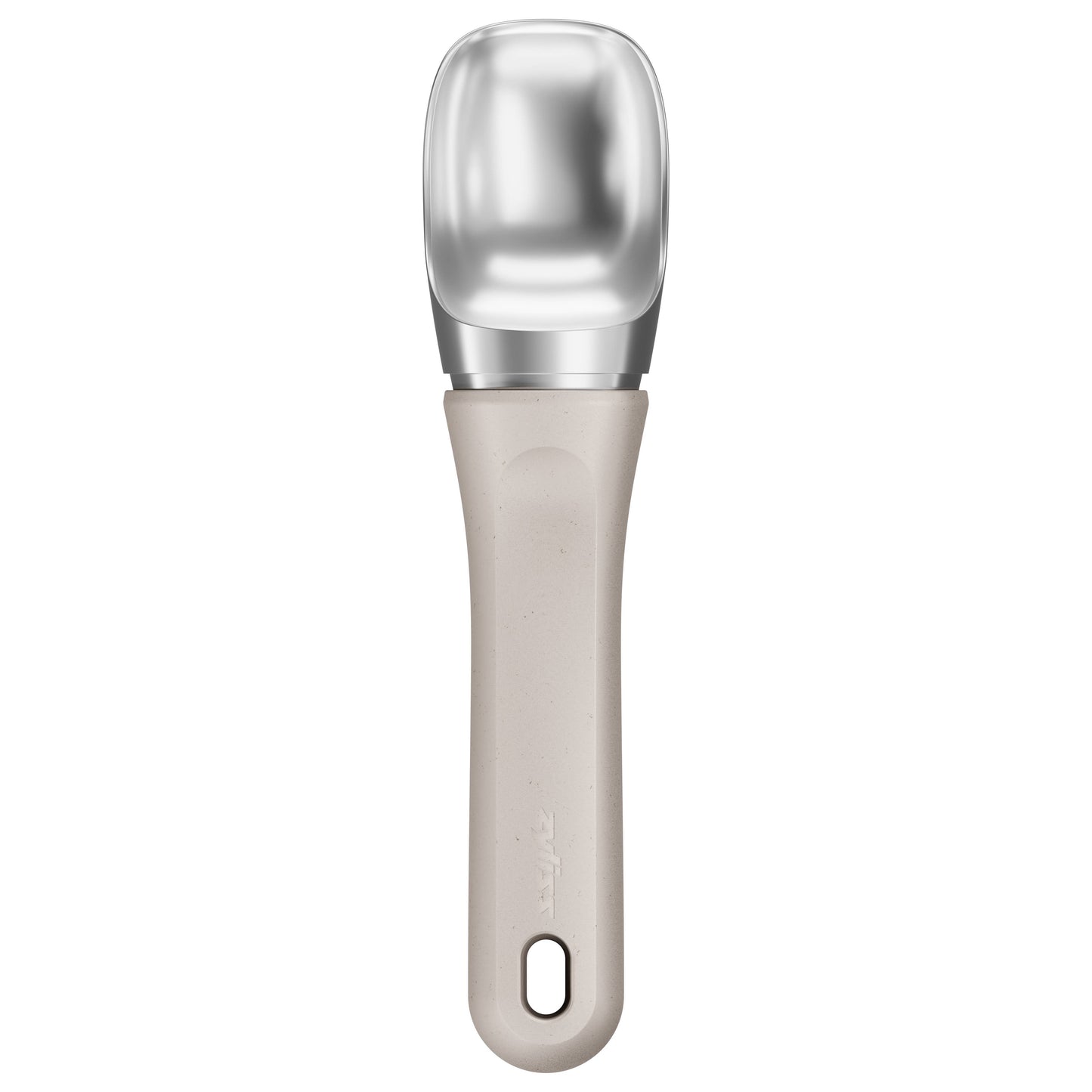 Ice cream scoop with metallic head and beige handle on a white background