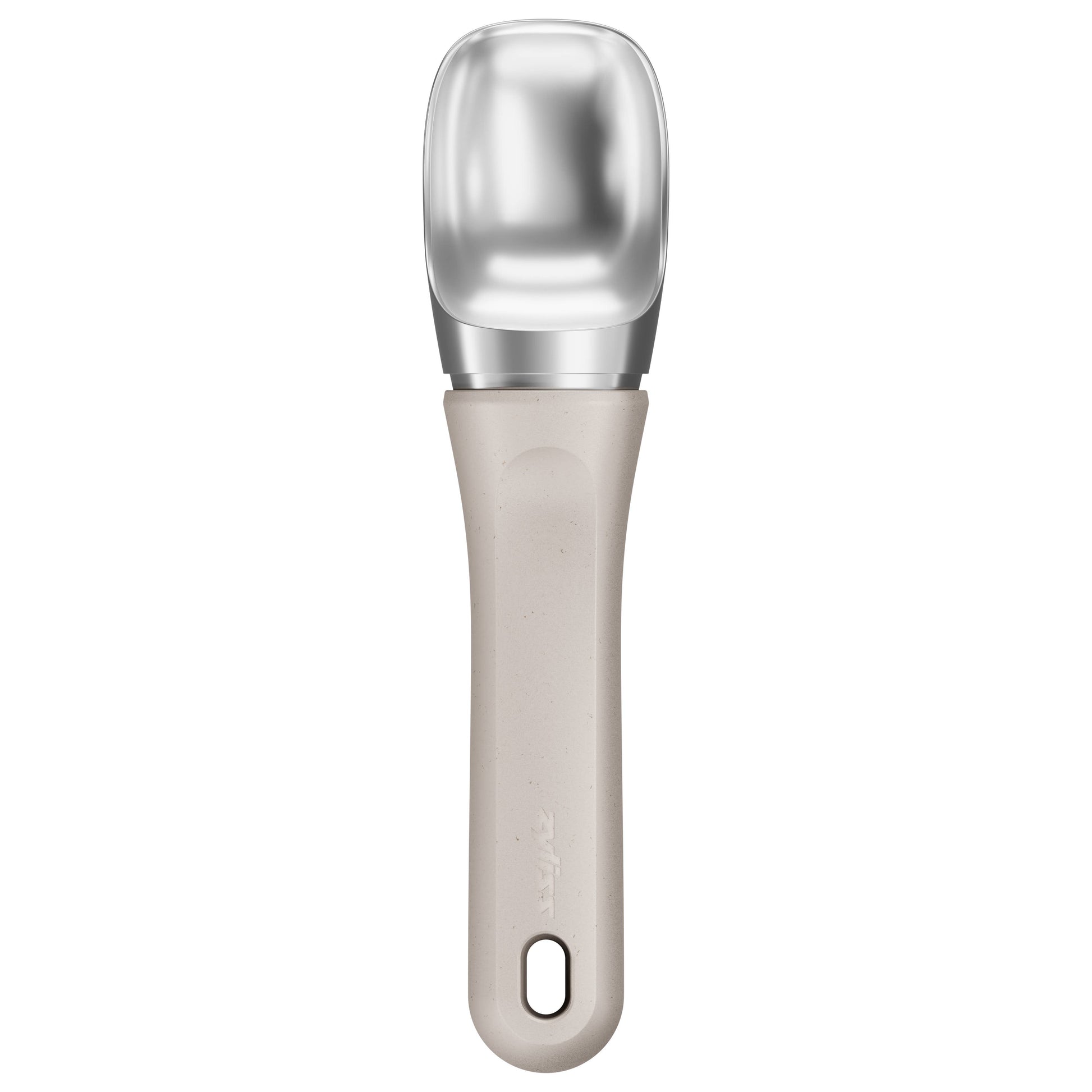 Ice cream scoop with metallic head and beige handle on a white background