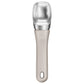 Ice cream scoop with metallic head and beige handle on a white background