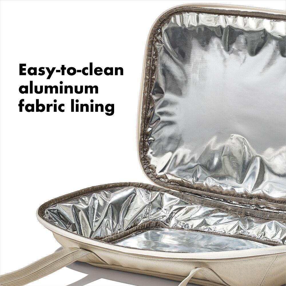 Close up of inside of insulated baker carrier showing aluminum fabric lining. 