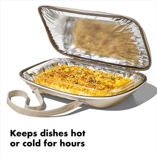 Opened Insulated carrier with cassarol showing dishes kept hot or cold for hours. 