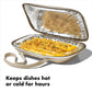 Opened Insulated carrier with cassarol showing dishes kept hot or cold for hours. 