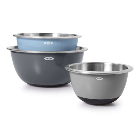 Insulated mixing bowls stacked on white background