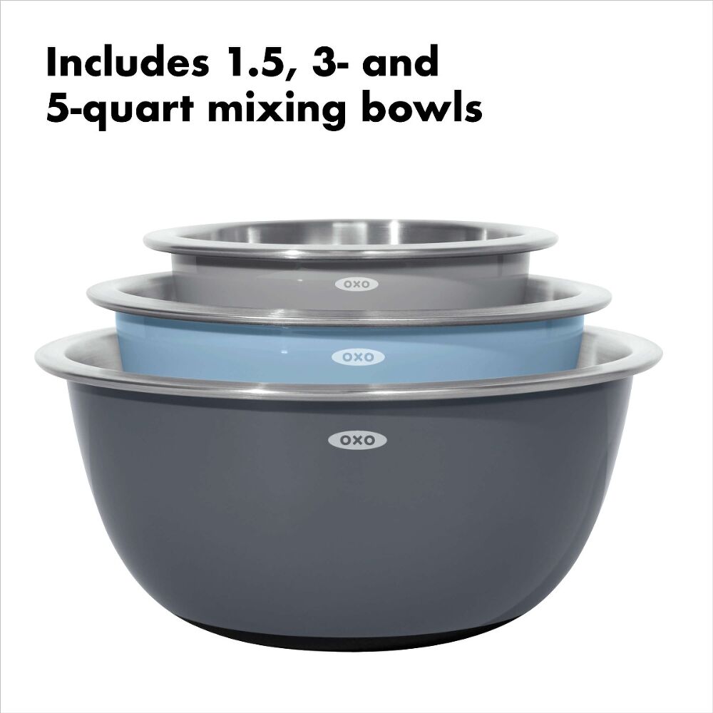 Stacked mixing bowls including 1.5, 3, and 5 quart mixing bowls. 