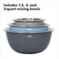 Stacked mixing bowls including 1.5, 3, and 5 quart mixing bowls. 