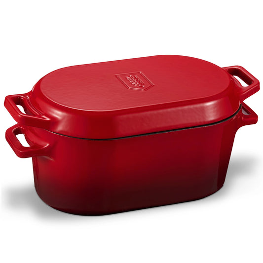 A red enameled cast iron casserole dish with a matching lid, shown on a clean white background. The dish features side handles and a small embossed brand logo on the lid.