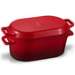 A red enameled cast iron casserole dish with a matching lid, shown on a clean white background. The dish features side handles and a small embossed brand logo on the lid.