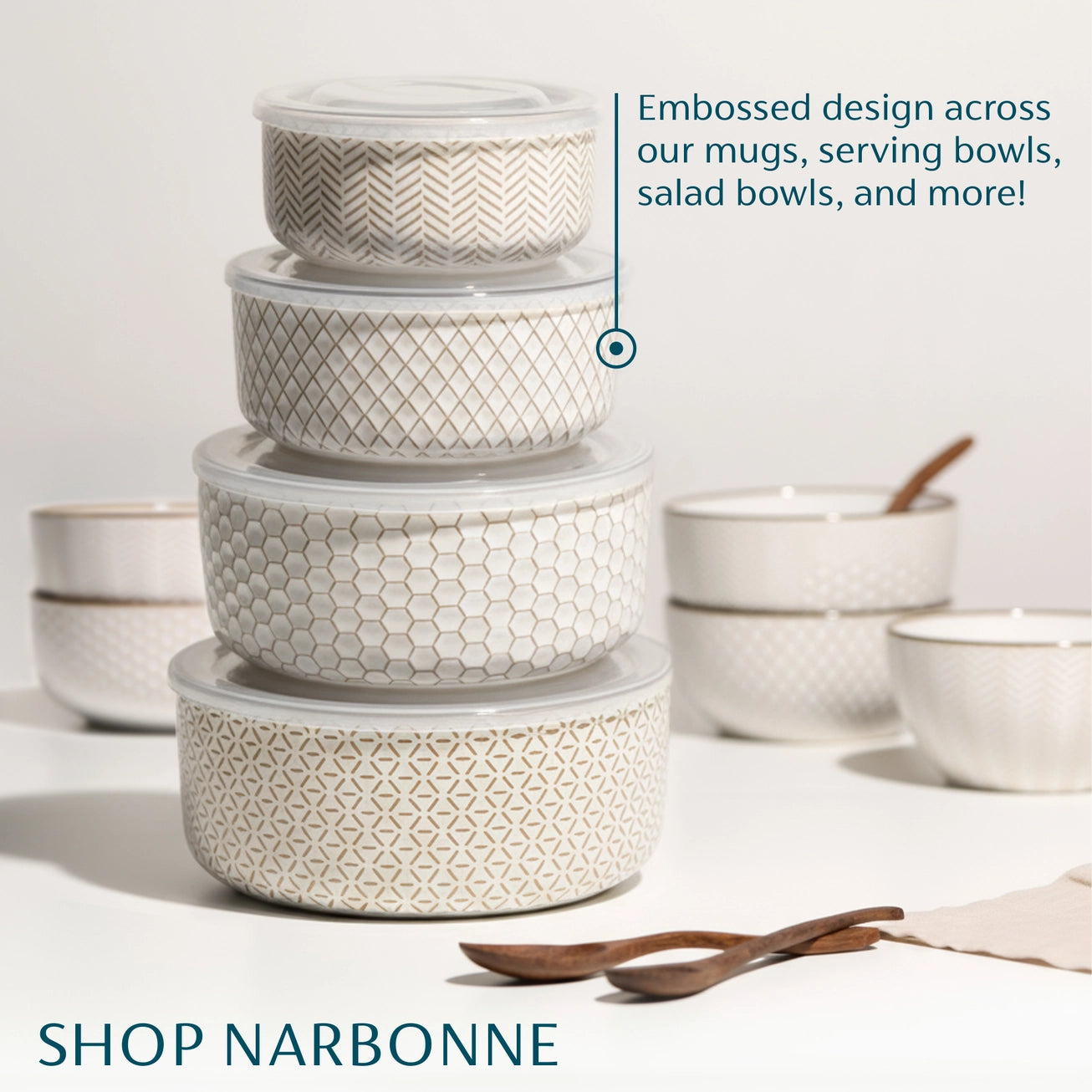 A set of Narbonne ceramic bowls and mugs with matching lids, stacked in the center. The bowls feature different geometric and textured patterns in beige and white.